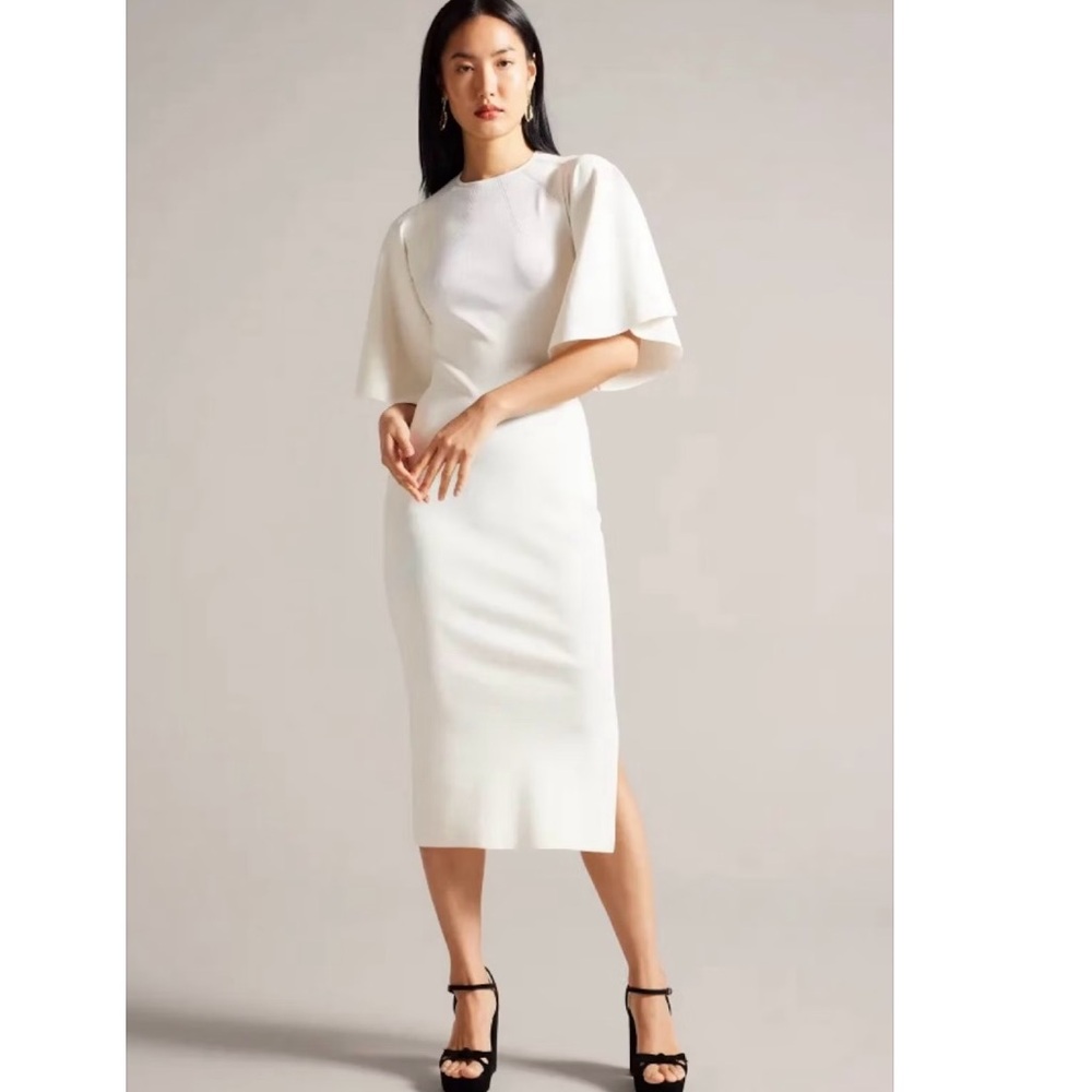 New - Ted Baker London Lounia Fluted Sleeve Body-Con Dress in White Size 1 - Picture 2 of 16